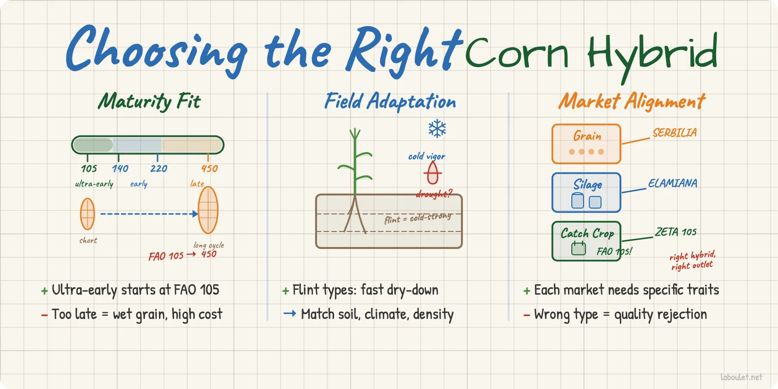 Infographic showing three pillars of corn hybrid selection: maturity fit, field adaptation, and market alignment
